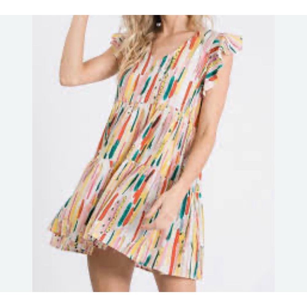 Ces Femme Womens Multicolor Abstract Brushstroke Tiered Ruffle‎ Mini Dress Party